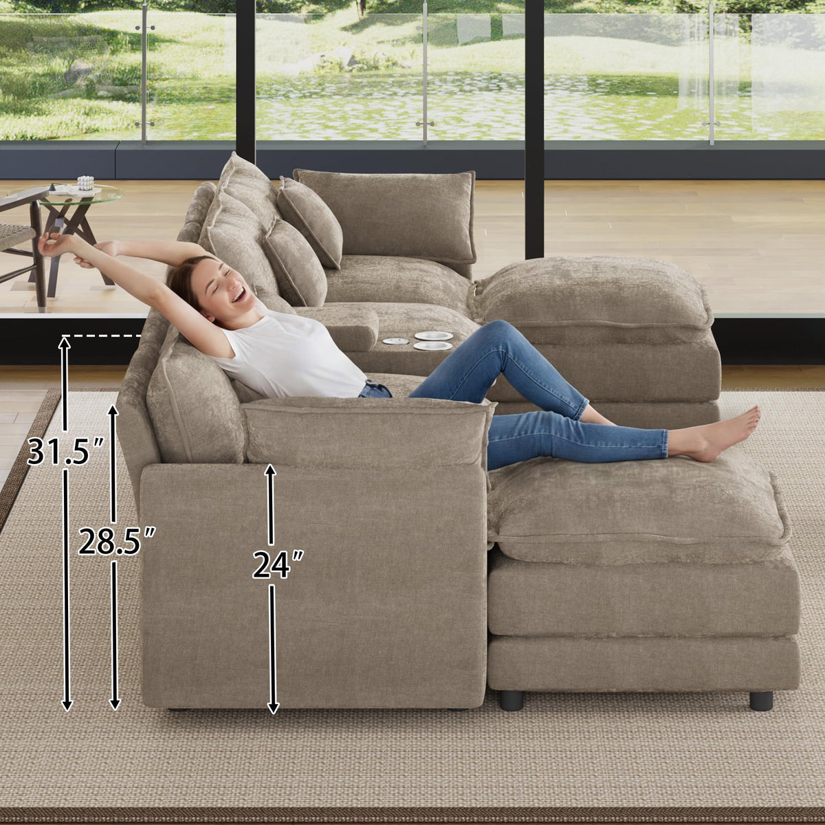 ONEMMLION 163" Oversized Cloud Sectional Couch for Living Room, Light Brown