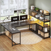 L-Shaped Gaming Desk with LED Lights & Storage Shelves