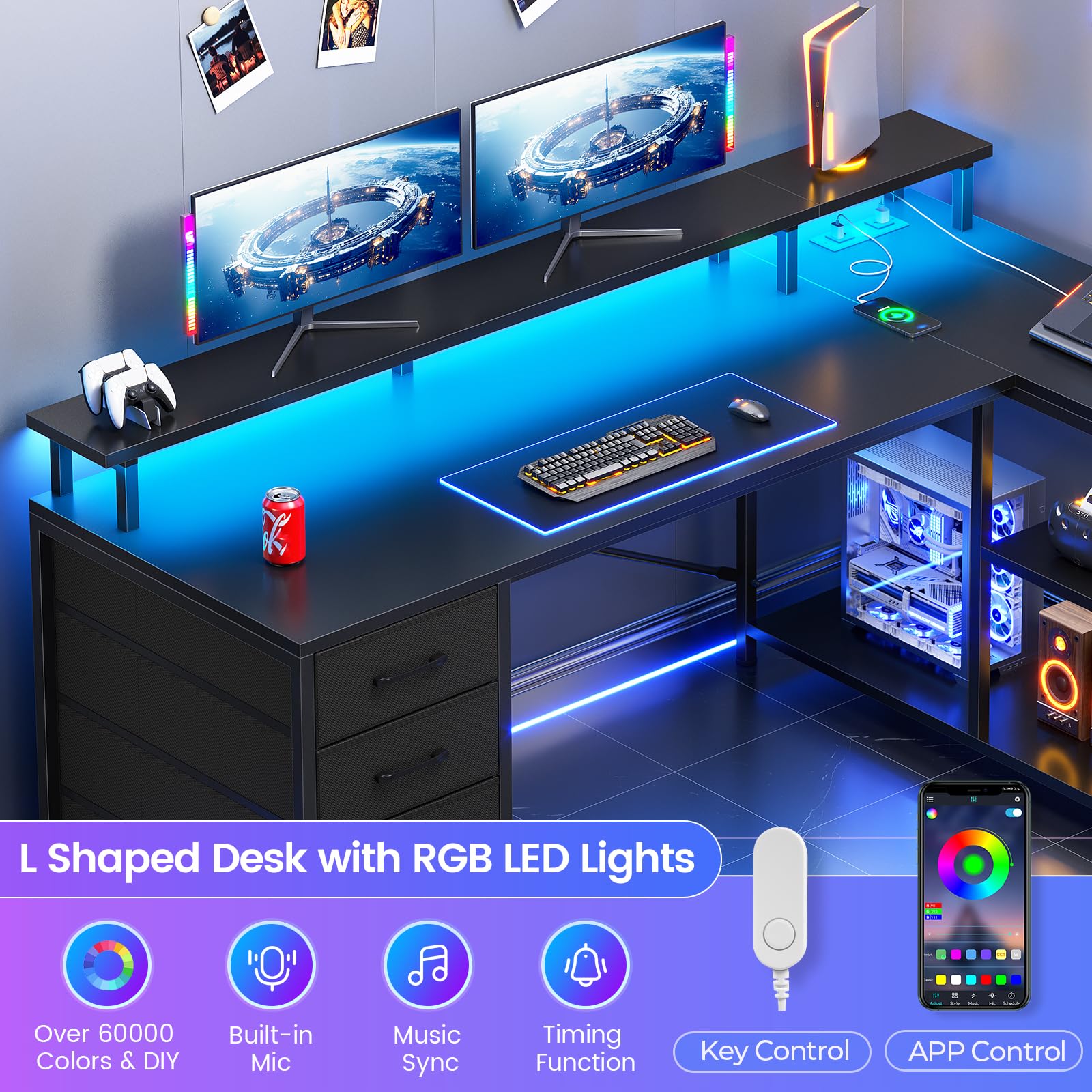 L-Shaped Desk with 4 Drawers, LED Lights & Power Outlet, 47 Inch