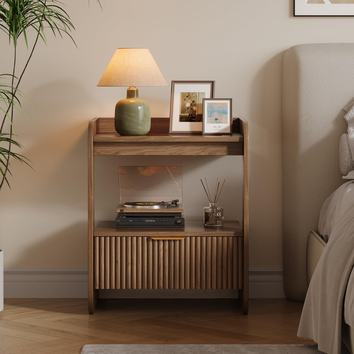 Fluted Nightstands Set of 2, Mid Century Modern Night Stand with Drawer and Open Shelf, Amber Glass Top Wood Bedside End Tables for Bedroom and Living Room