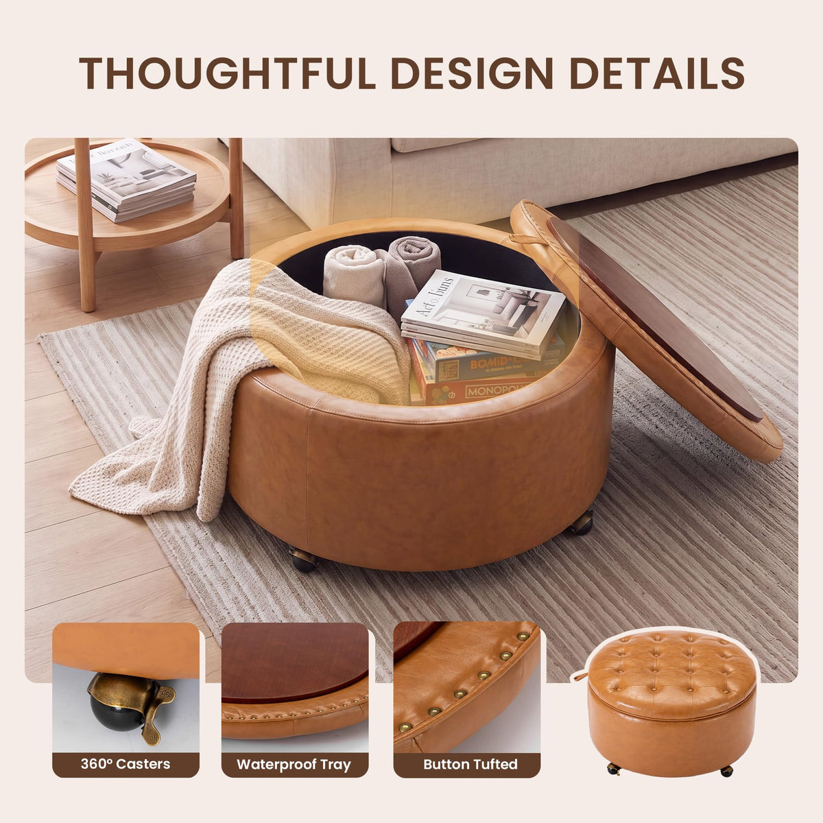 SUNBURY 29" Round Storage Ottoman, Reversible Tray, Cognac