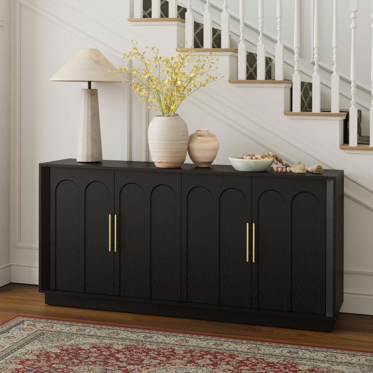 FORTUNETEC 67" Sideboard Buffet Cabinet with Storage, Arched Doors, Black