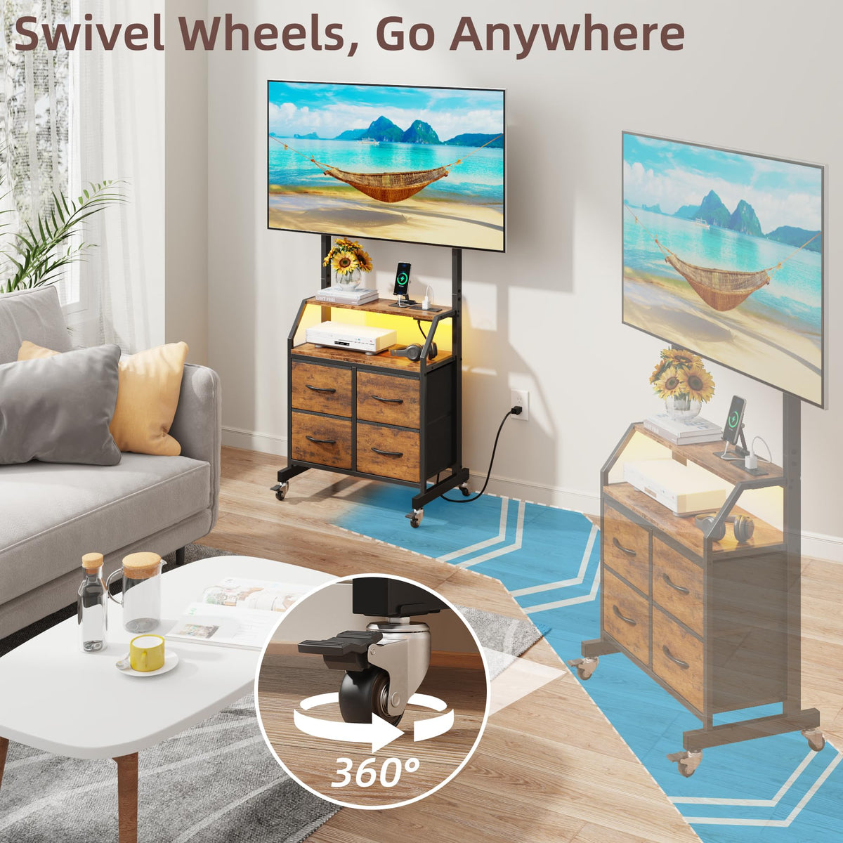 Rolling TV Stand with Mount & Drawers