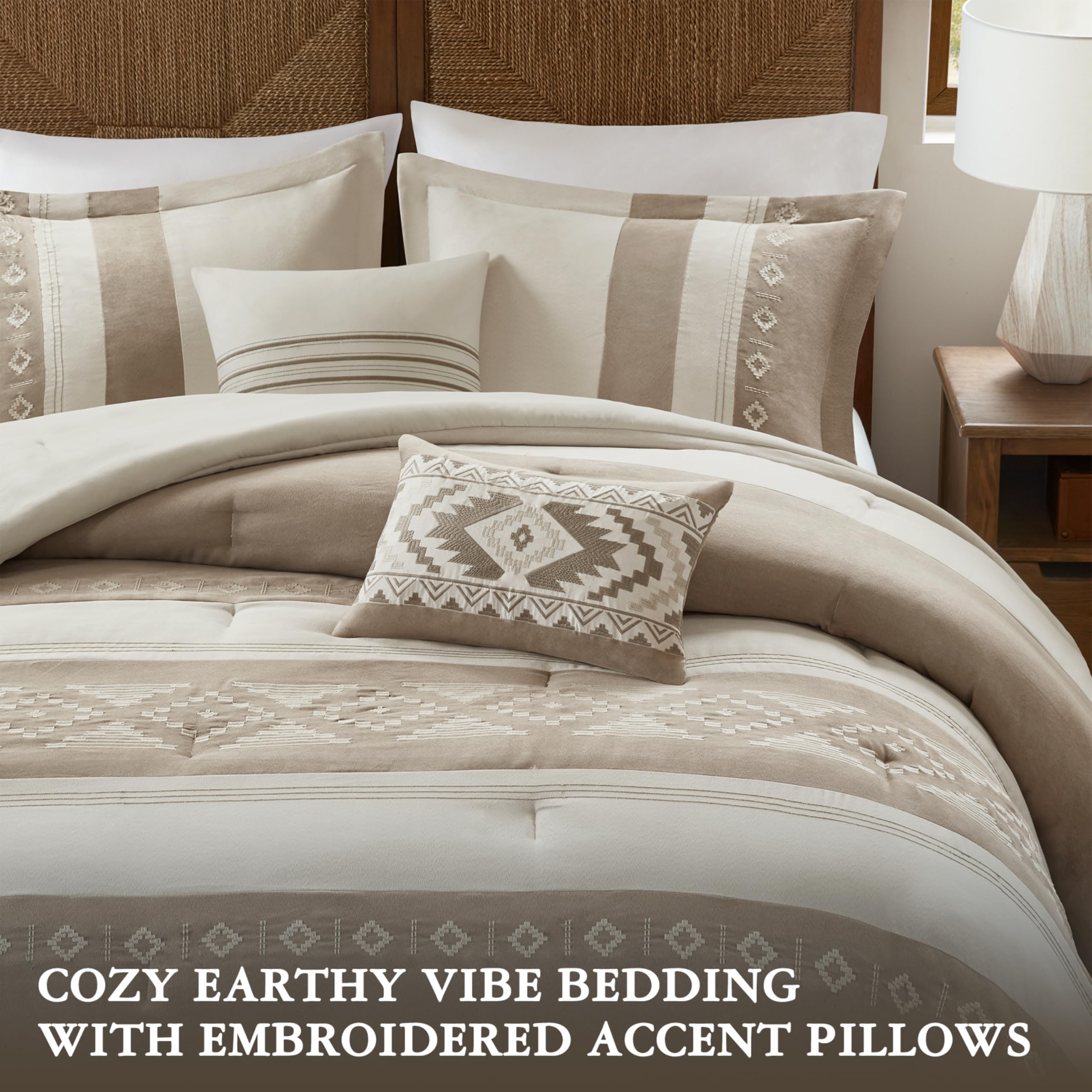 King Comforter Set – 5-Piece Microsuede Embroidered Bedding with Decorative Pillows, Taupe
