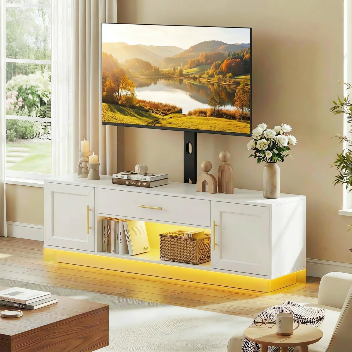 RALGEND 59" Modern TV Stand with Mount and Power Outlet, Swivel TV Stand for 32/55/65/75 inch TVs, Height Adjustable LED Entertainment Center, Media TV Console Table for Living Room, Bedroom, White