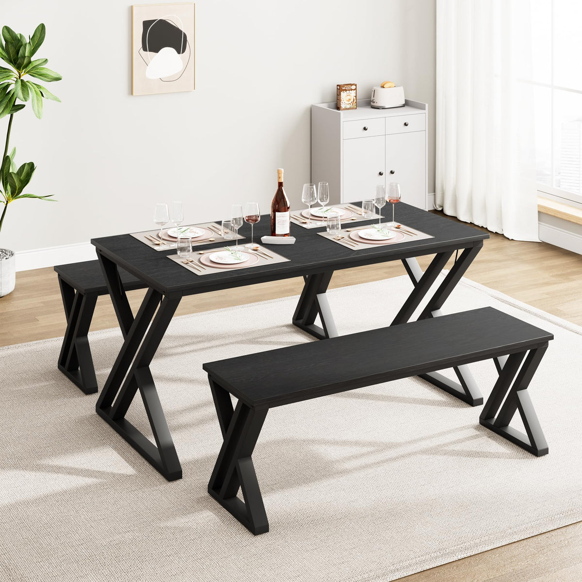 Homhougo Kitchen Room Table Set with Benches,44.8" Dining Table Set for 4,Sturdy Metal Kitchen Table Set with X Metal Frame Space Saving, Ideal for Kitchen, Apartment, Studio, Black