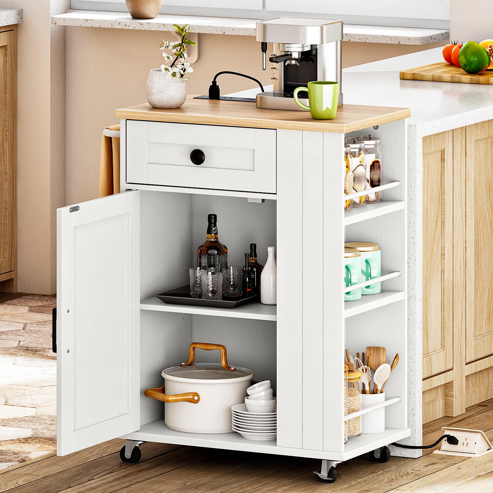 HOOBRO Kitchen Island on Wheels, Kitchen Island Cart with Power Outlet, Kitchen Storage Island with Spice Rack and Drawer, Island Table for Kitchen & Dining Room, White and Natural WN36UZD01