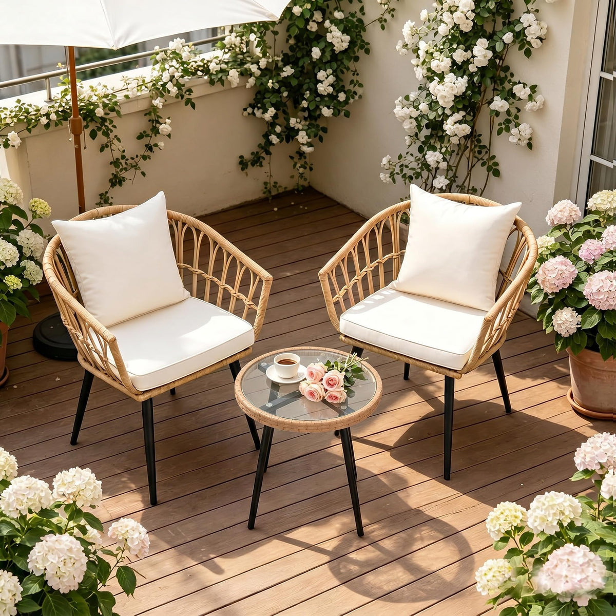 Maagorbyme 3 Piece Patio Bistro Set, All-Weather Outdoor Wicker Patio Furniture Set, Bistro Table and Chairs Set of 2, Space Saving Balcony Furniture Sets for Apartment, Garden, Poolside, Backyard