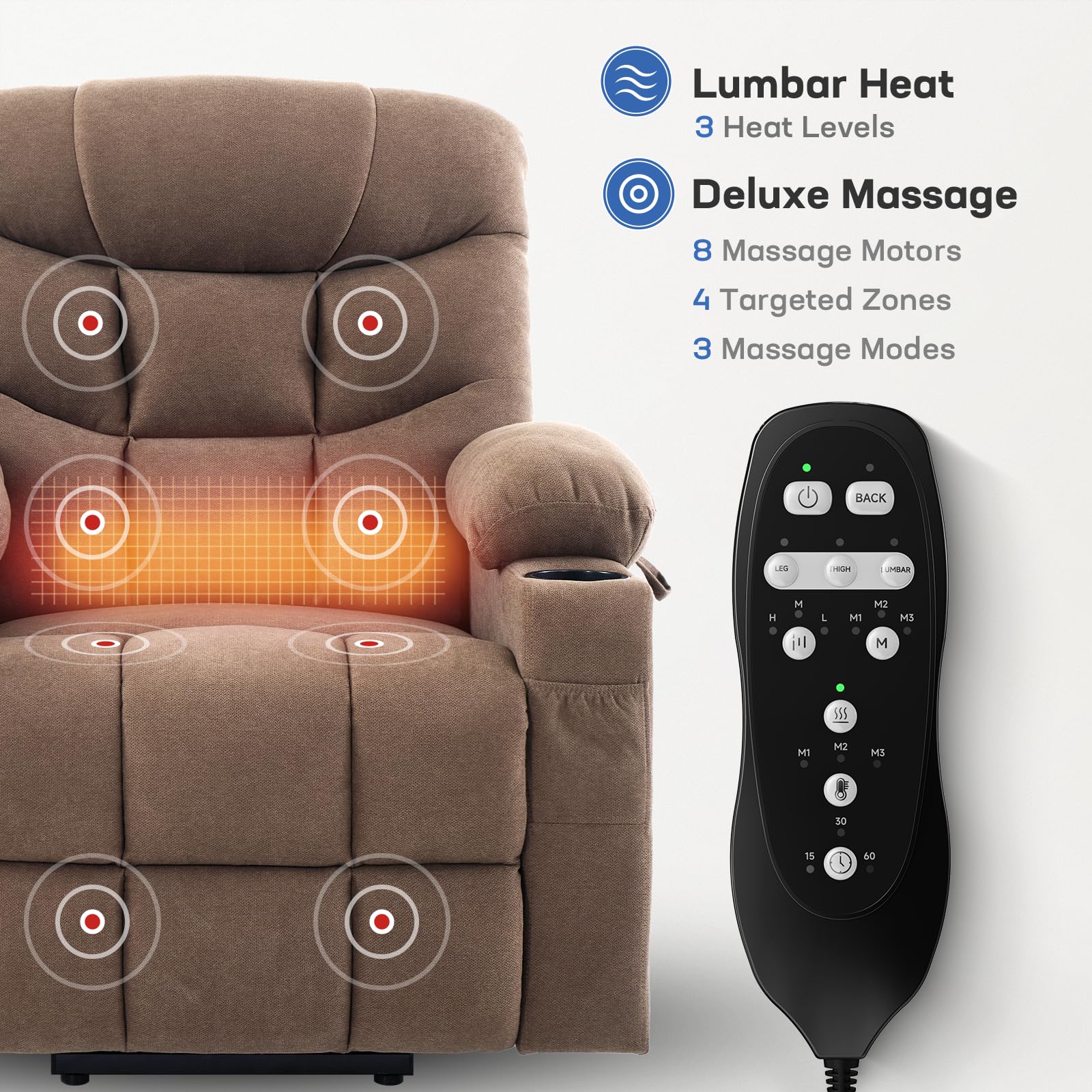 Tami Tami Dual Motor Power Lift Chair Recliner for Elderly with Massage and Heat, Infinite Position Electric Lift Recliner with USB A&C, Cup Holders (T6012 - Linen Fabric, Brown, Medium)