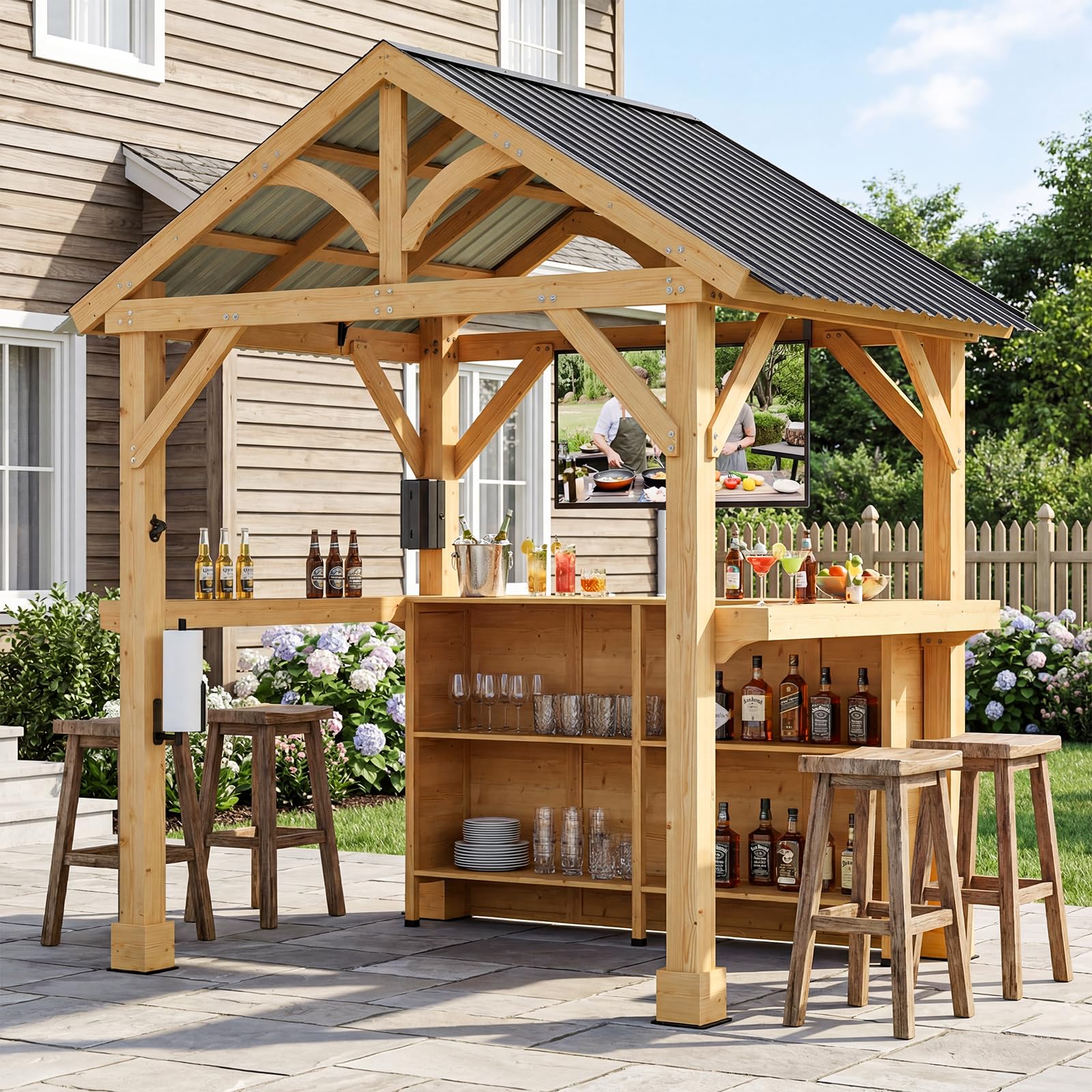 Outdoor Wood Bar Pavilion with Galvanized Steel Roof, Patio Bar Counter with Storage Shelves, All-Weather Backyard Entertaining Station for BBQ, Pool Party, Garden Deck