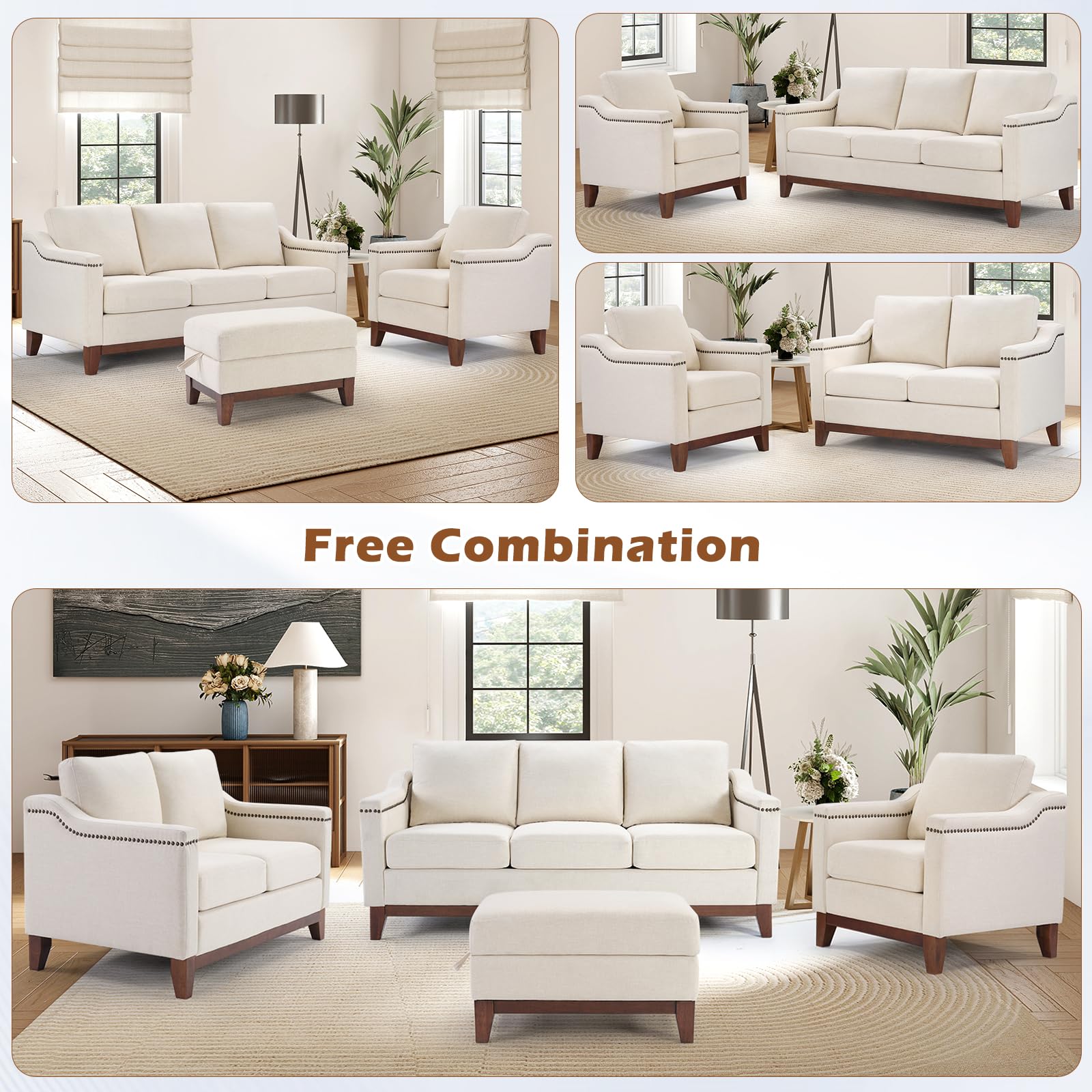 HAOMARKETS 2 Piece Sofa Set, 2-Seater and 3-Seater Sofa Couch with Solid Wood Legs, Vintage Rivet Comfy Sofa with Thicked Cushion for Living Room Apartment Office, Beige