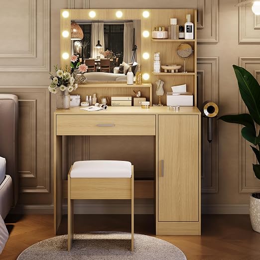 Makeup Vanity Desk with HD Mirror, LED Lights & Charging Station