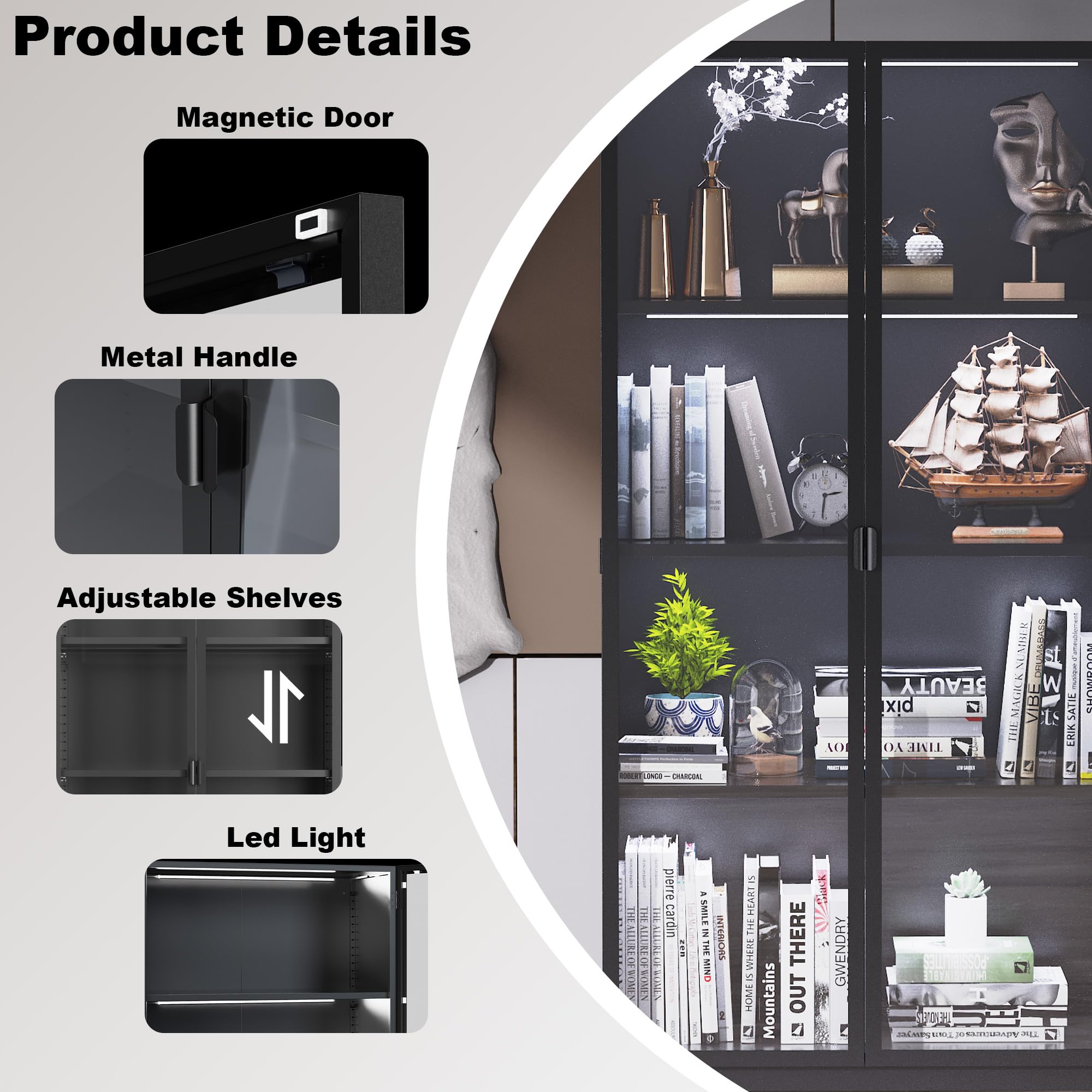 Kelueo 63" H Display Cabinet with Glass Doors,Tall Display Cabinet with LED Lights,Display Case for Collectibles,Glass Display Cabinets with 3 Adjustable Shelves for Living Room,Bedroom,Office