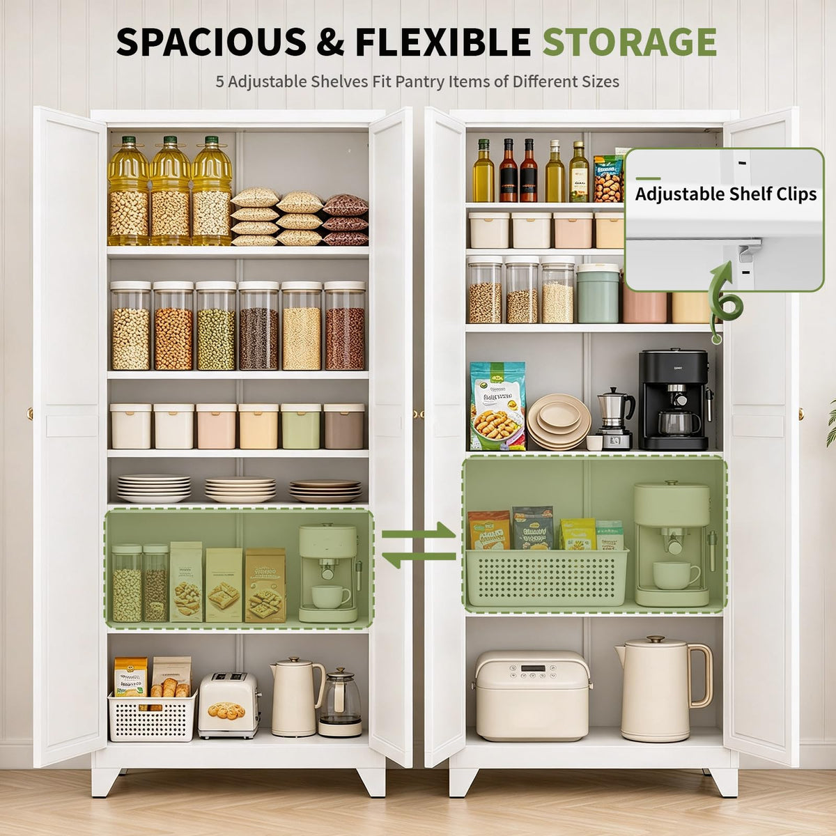 Bayunity 75" White Metal Pantry Cabinet with Doors & 5 Adjustable Shelves