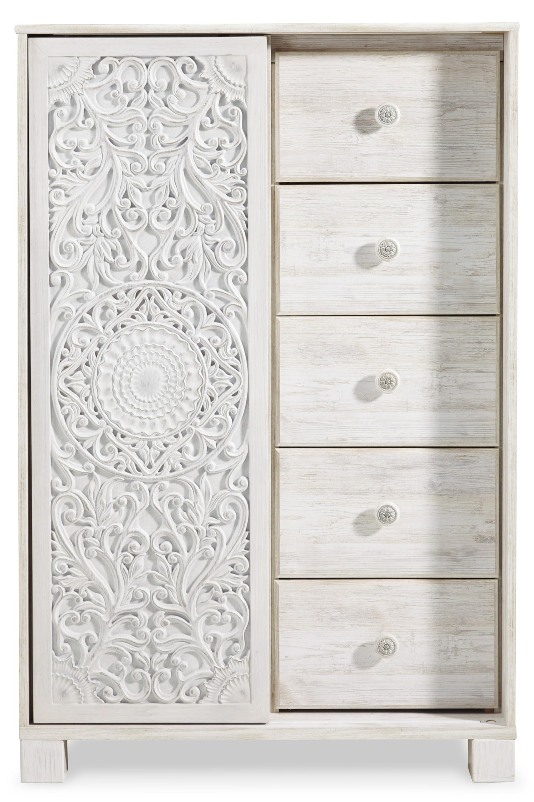 Signature Design by Ashley Paxberry Boho 5 Drawer Dressing Chest with Slider Door & 3 Adjustable Shelves, Whitewash