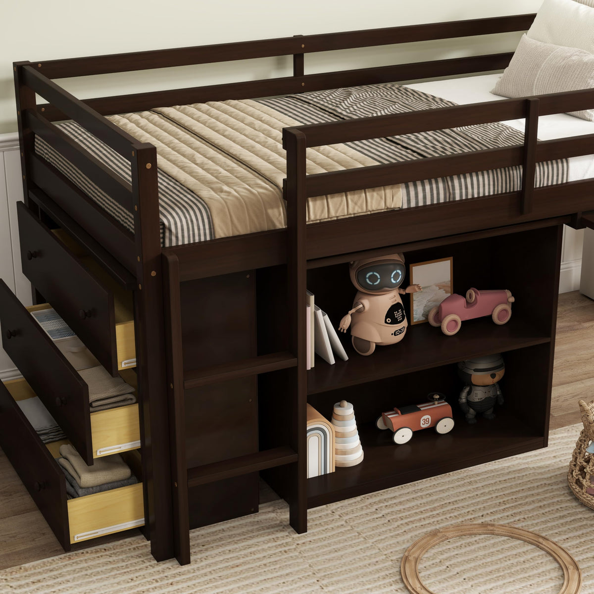 PVWIIK Twin Size Low Loft Bed with Desk,Storage Drawer for Kids,Espresso
