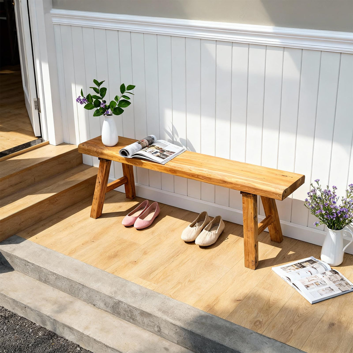 Rustic Elm Wood Bench