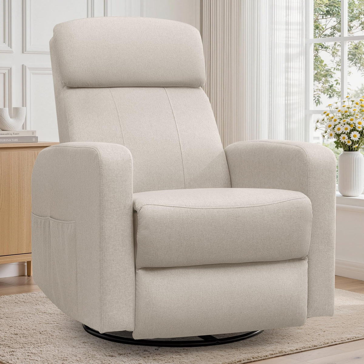 Beige Linen Power Swivel Rocker Recliner