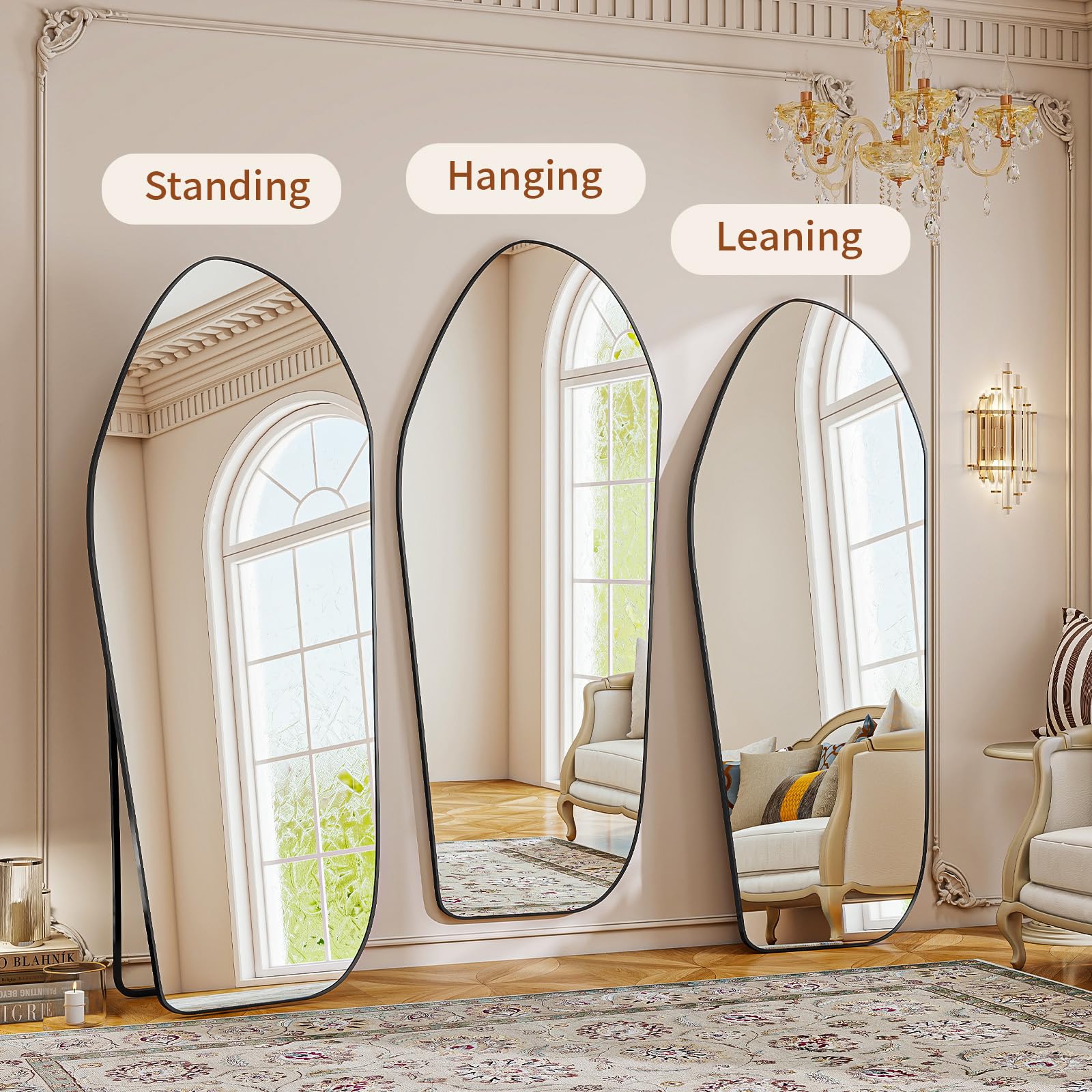 BEAUTYPEAK Irregular Full Length Mirror - 67x24 Inch Black Framed Modern Mirrors, Unique Shape Vanity Wall Mirror for Living Room Bedroom Entryway Hallway