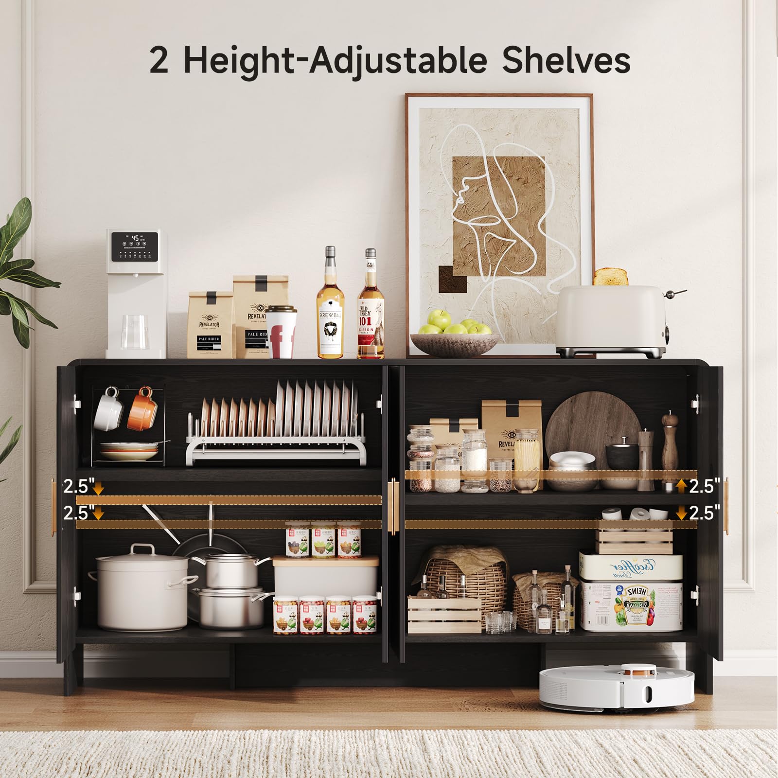 60" Sideboard Buffet Cabinet, Large Curved Design Storage Cabinet with 4 Doors & 2 Adjustable Shelves, Sturdy Build, Easy Assembly, Bar Console Fit for Dining Room/Living Room/Kitchen, Black