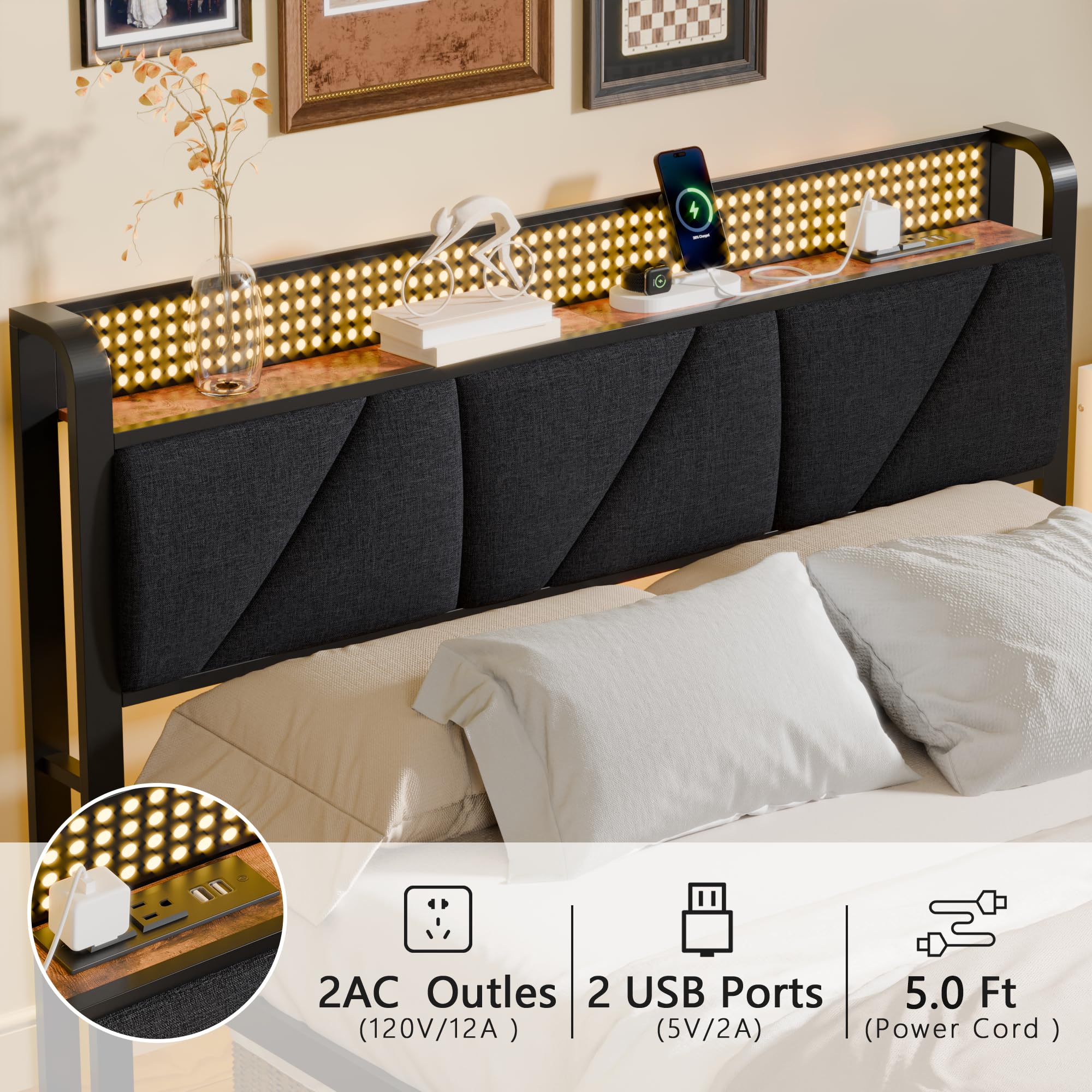 Platform Bed Frame with LED Headboard & Charging Station