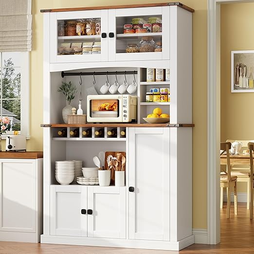 71" Tall Kitchen Pantry Cabinet with Wine Rack & Glass Door