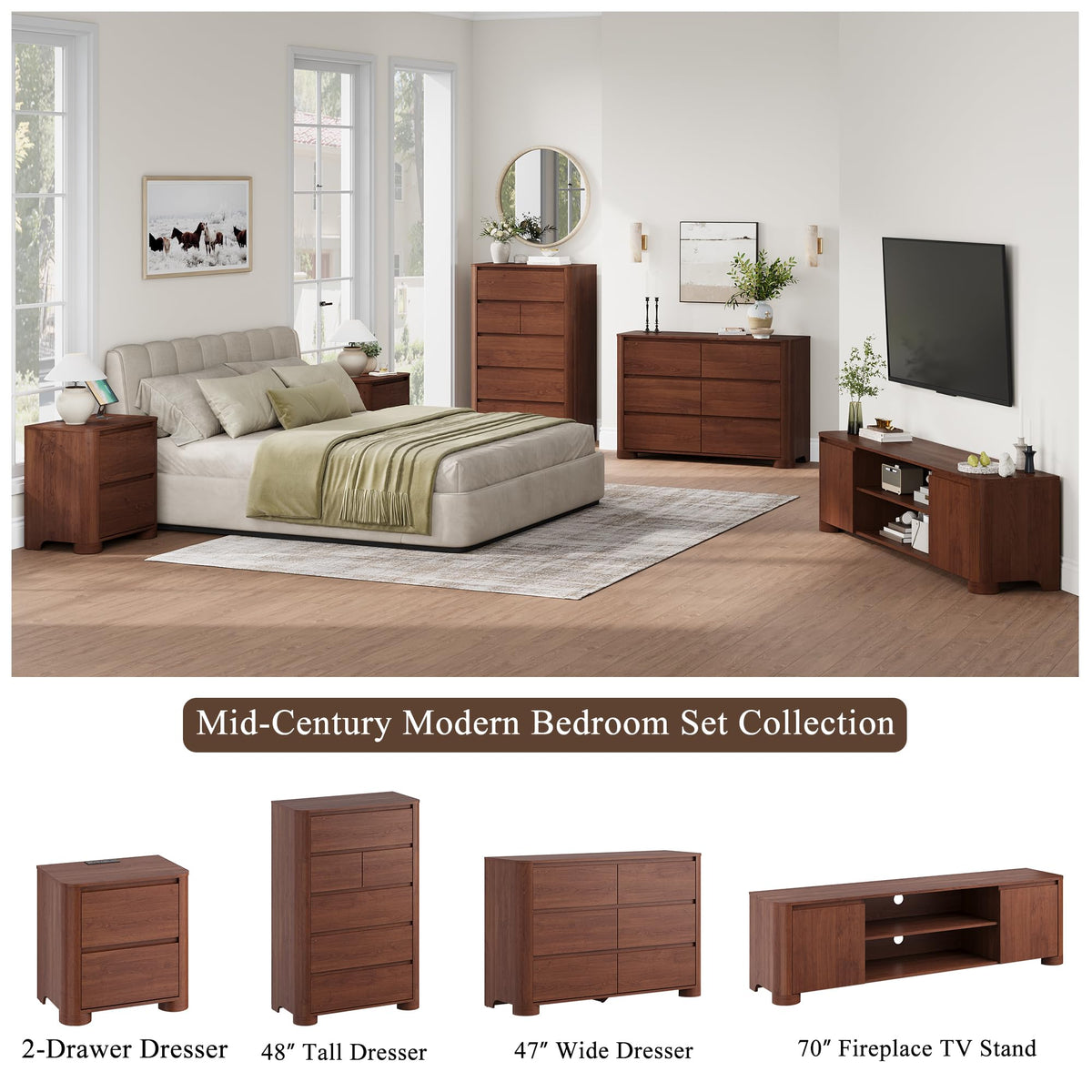 YANSNWO 70" TV Stand for TVs Up to 80" with Rounded Corners, Walnut