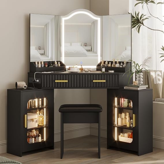 Corner Vanity Desk with LED Mirror & Charging Station