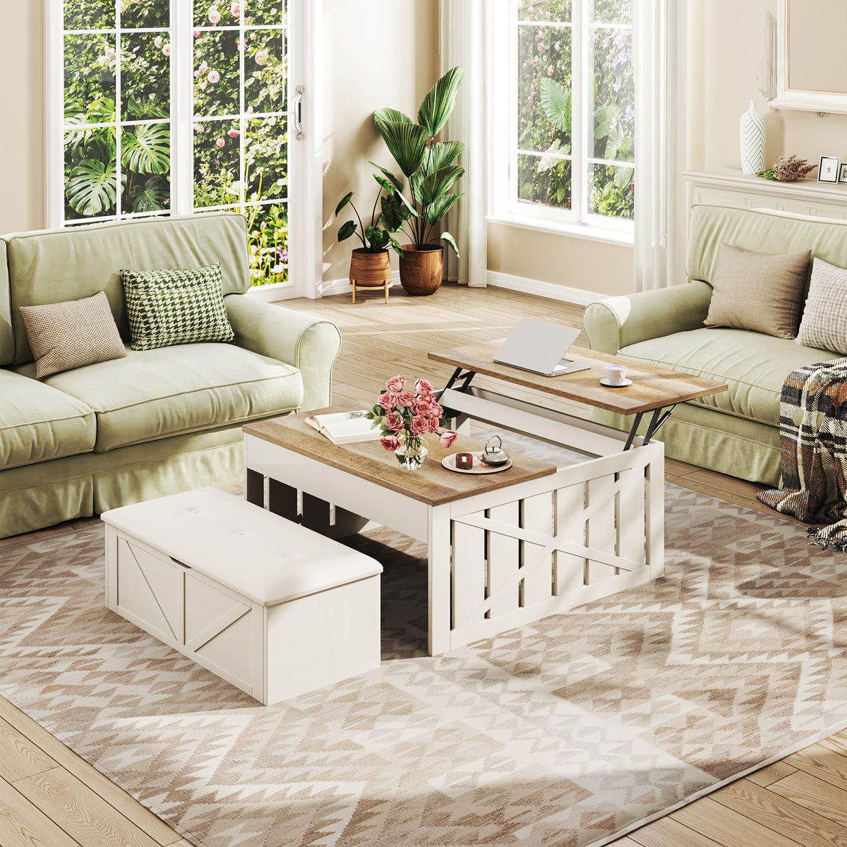 White Lift-Top Coffee Table with Storage Bench