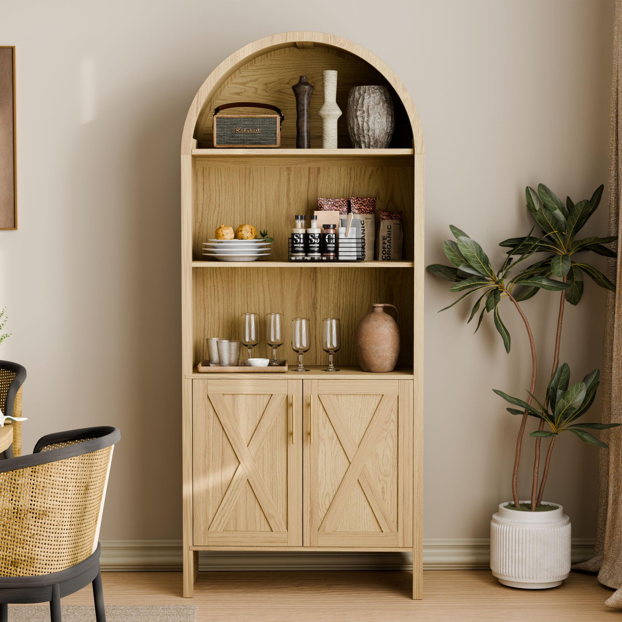 Arched Bookshelf with Storage Cabinet