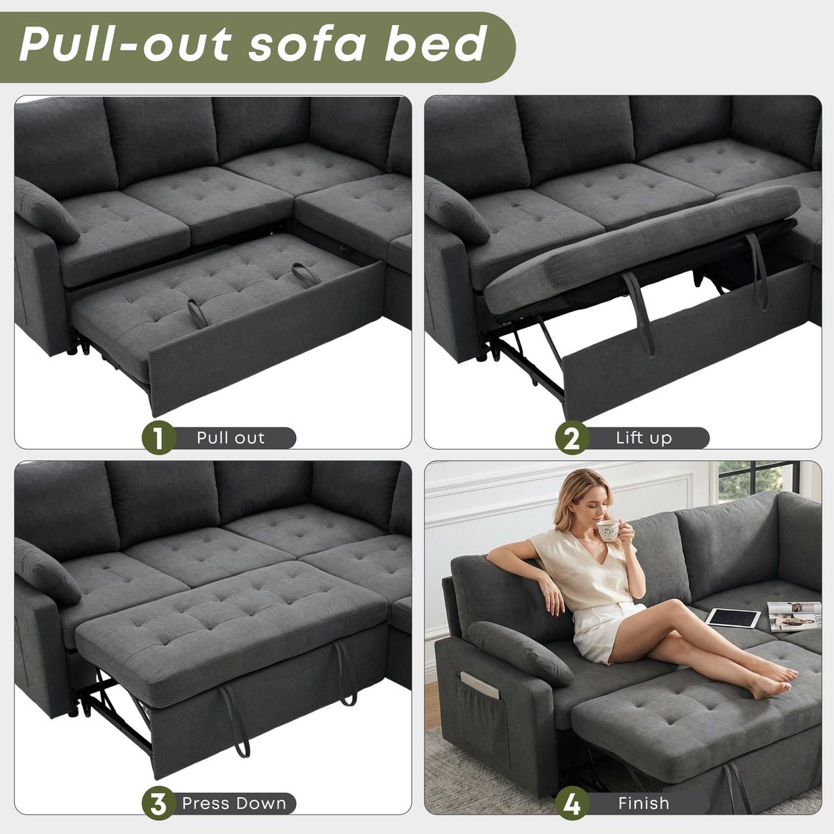 Huatean Home 82" Pull Out Couch with Storage, Sleeper Sofa, 5 Seat L Shaped Sectional Couches for Living Room, Modular Sectional Couch with Removable Covers, Dark Grey