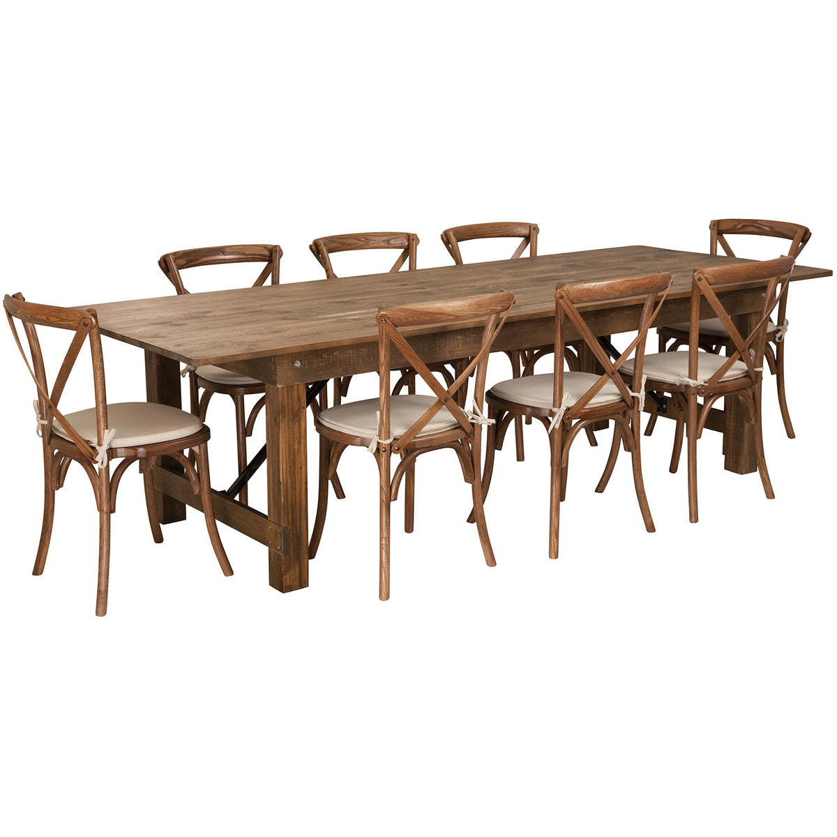 Flash Furniture HERCULES Series 9' x 40'' Antique Rustic Folding Farm Table Set with 8 Cross Back Chairs and Cushions