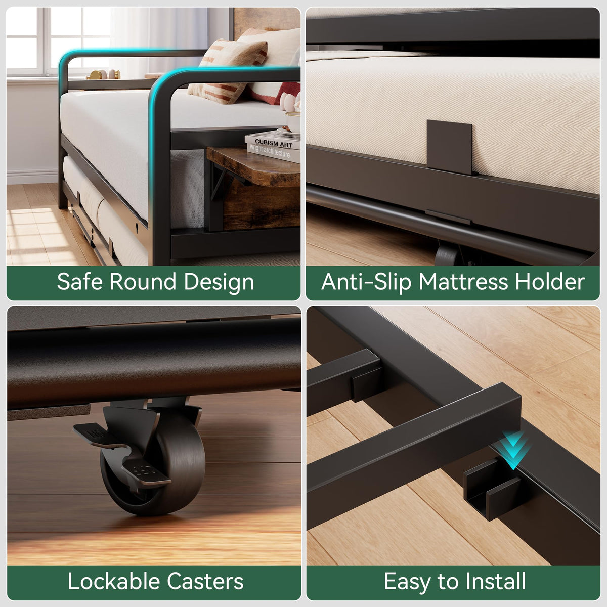Jocoevol Daybed with Trundle and LED Light, Heavy Duty Metal Twin Bed Frame with Movable Charging Station, Day Bed Pop Up Trundle Bed Twin for Living Room, Bedroom and Guest Room, Brown
