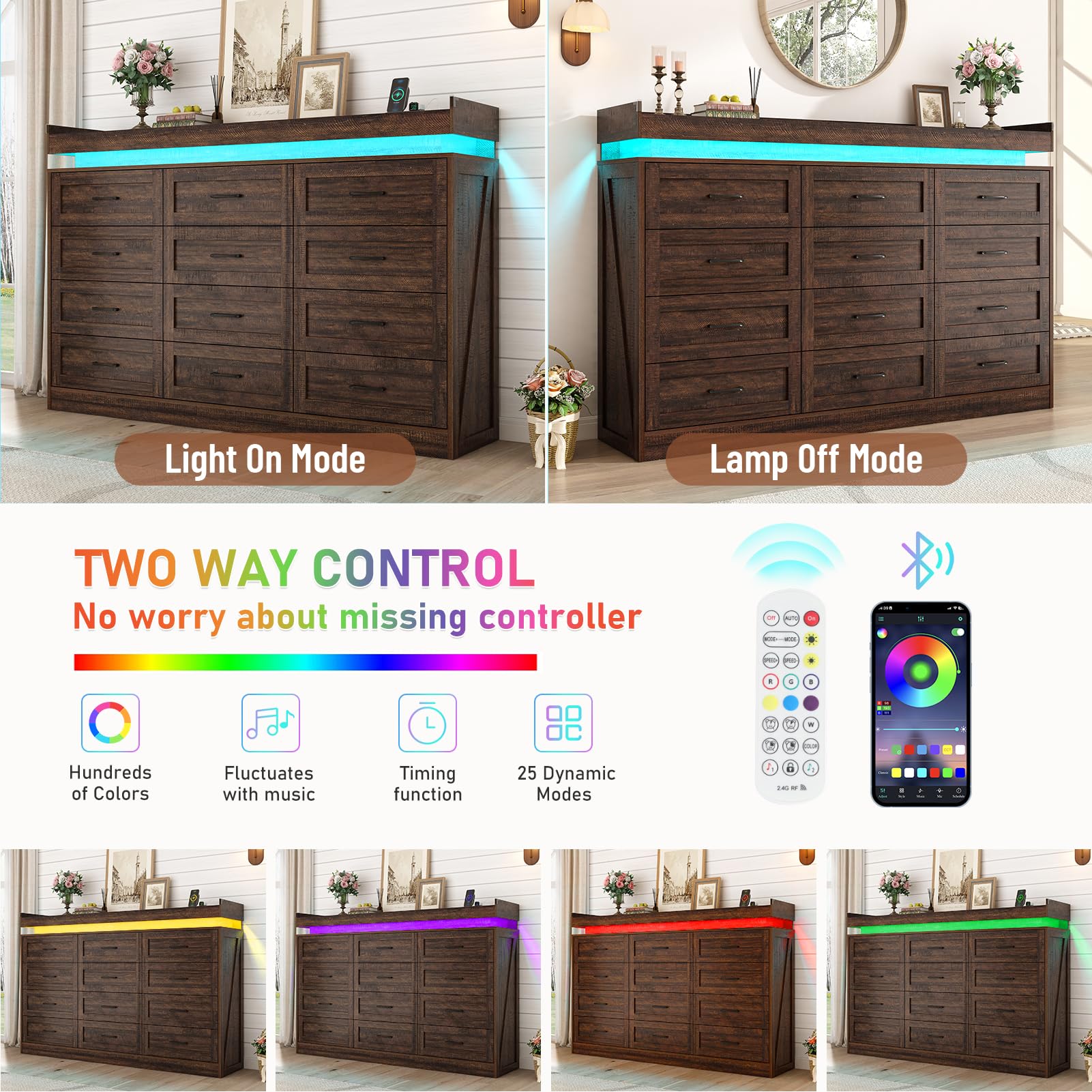 Farmhouse 12-Drawer Dresser with LED Light & Power Outlets