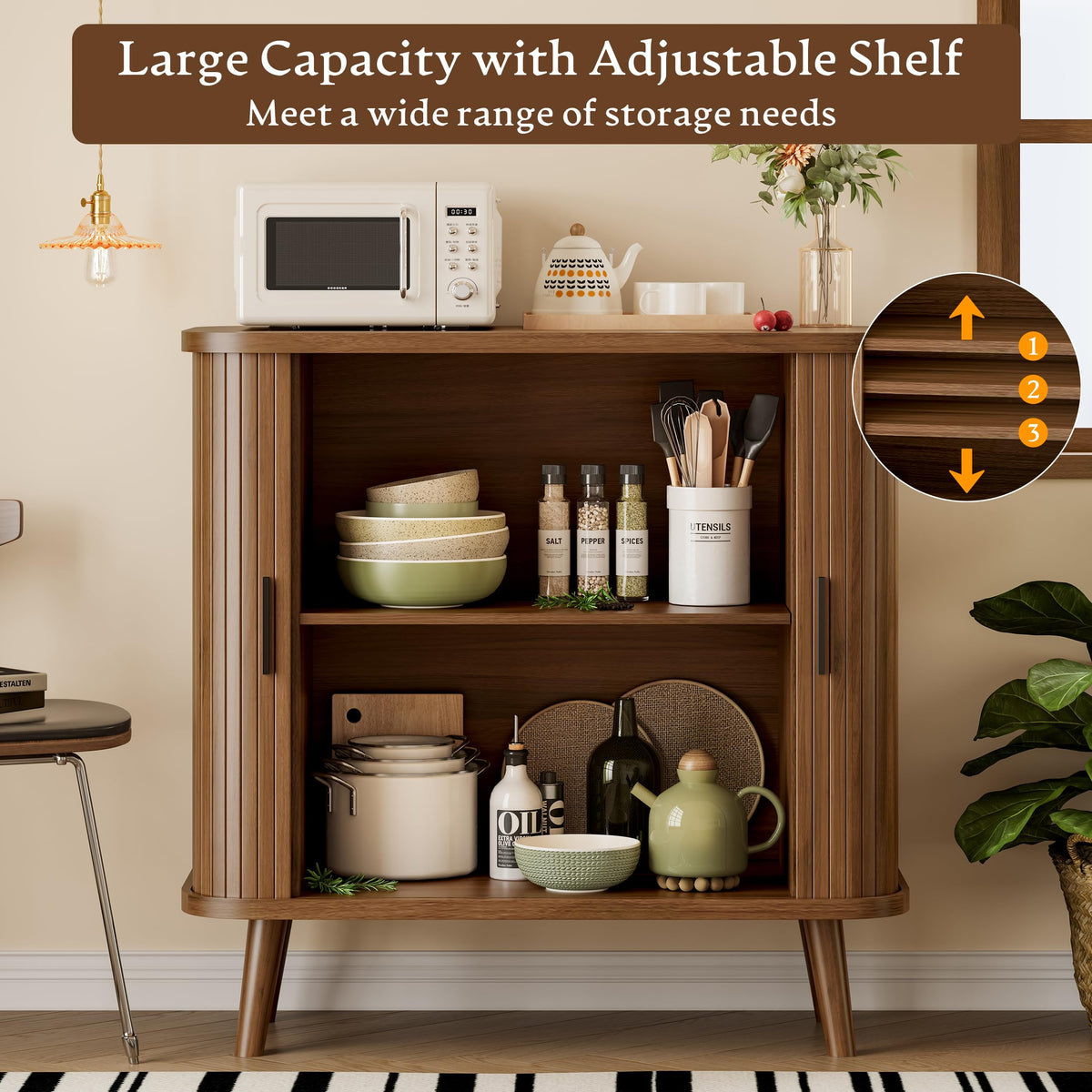 Xixini Fluted Sideboard Buffet Cabinet with Sliding Doors, 31.5", Walnut