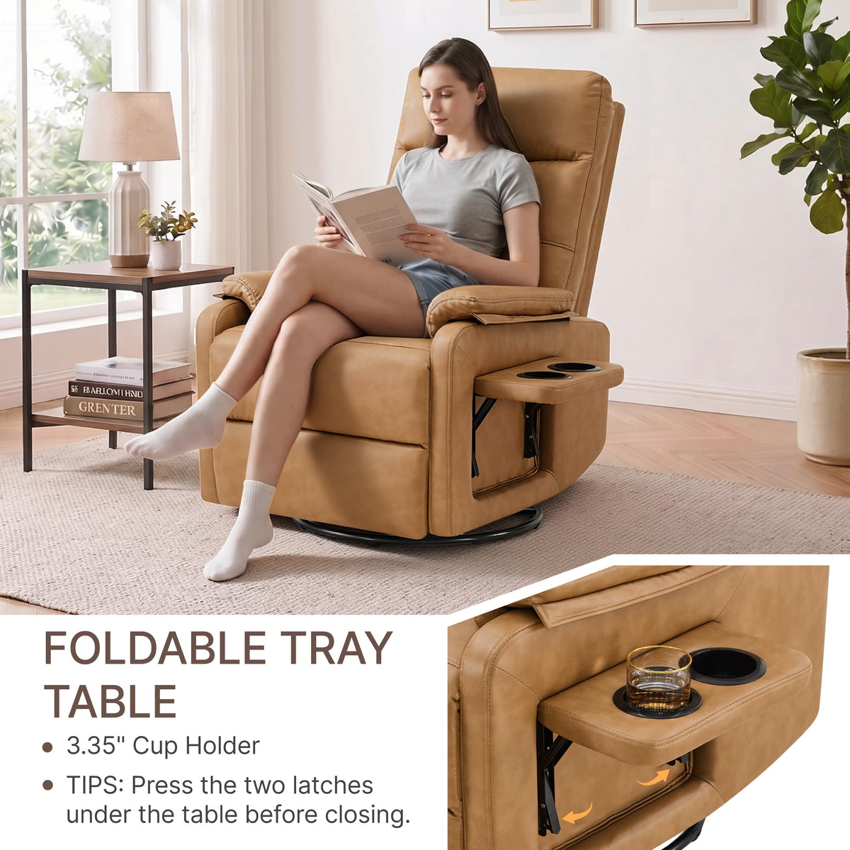 KISLOT Compact Manual Swivel Recliner with Cup Holder, 360° Rotating Armchair Gentle Sway Living Room Chair with Foldable Tray Table Dual Cup Holders for Small Spaces