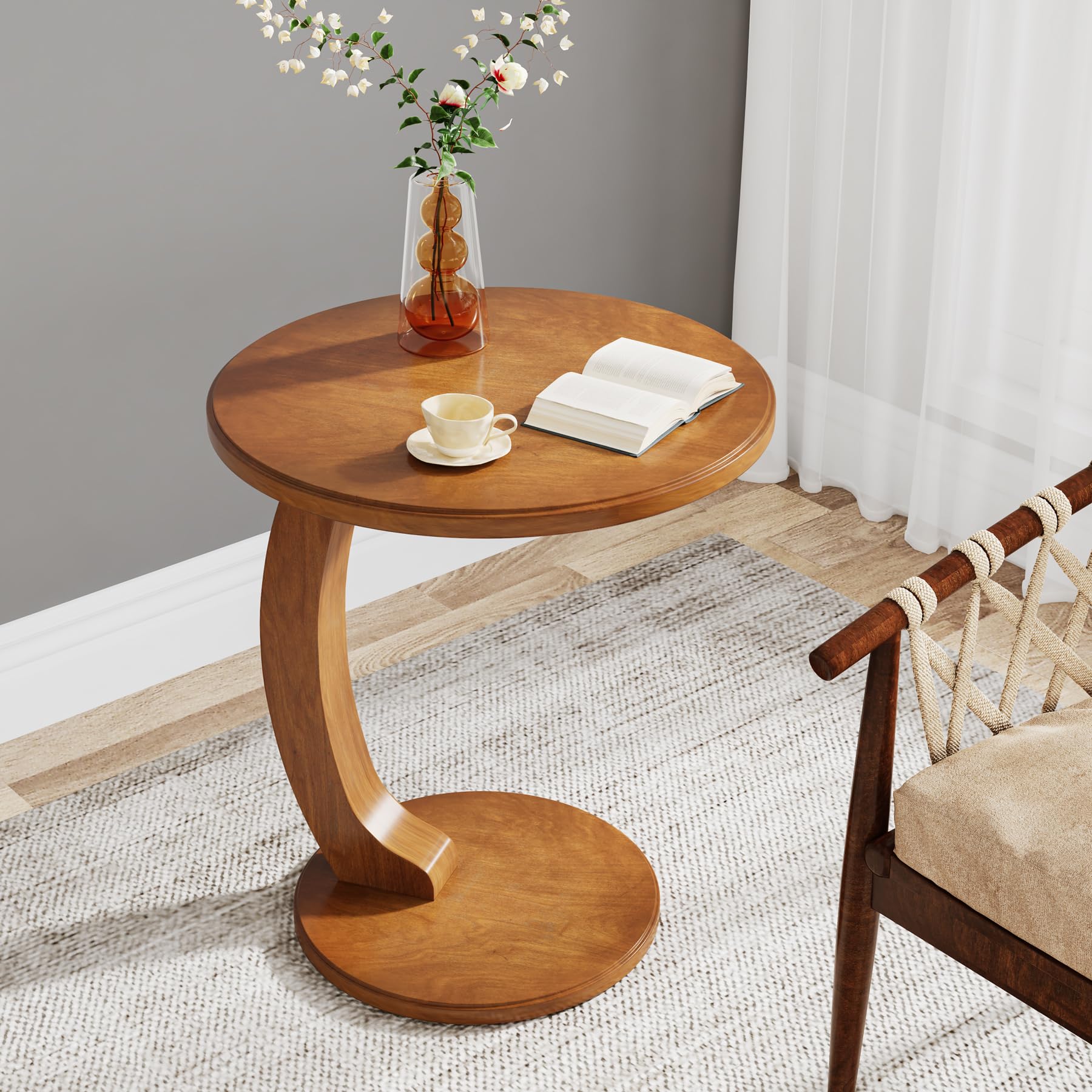 Tribesigns Small Round End Table for Living Room, C-Shaped Sofa Side Table for Couch, Retro Boho Bedside Nightstand, Brown