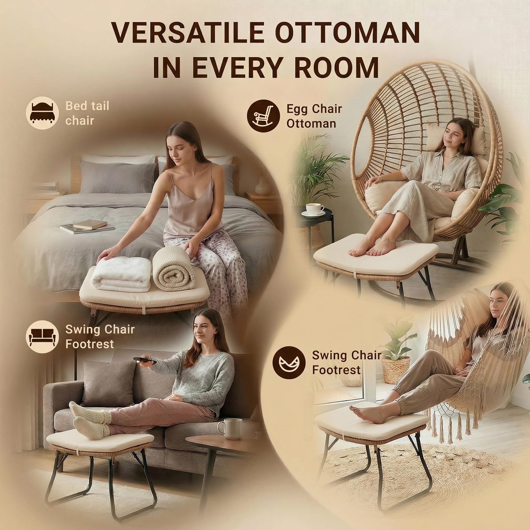 Outdoor Folding Wicker Ottomans with Cushion (Set of 2)