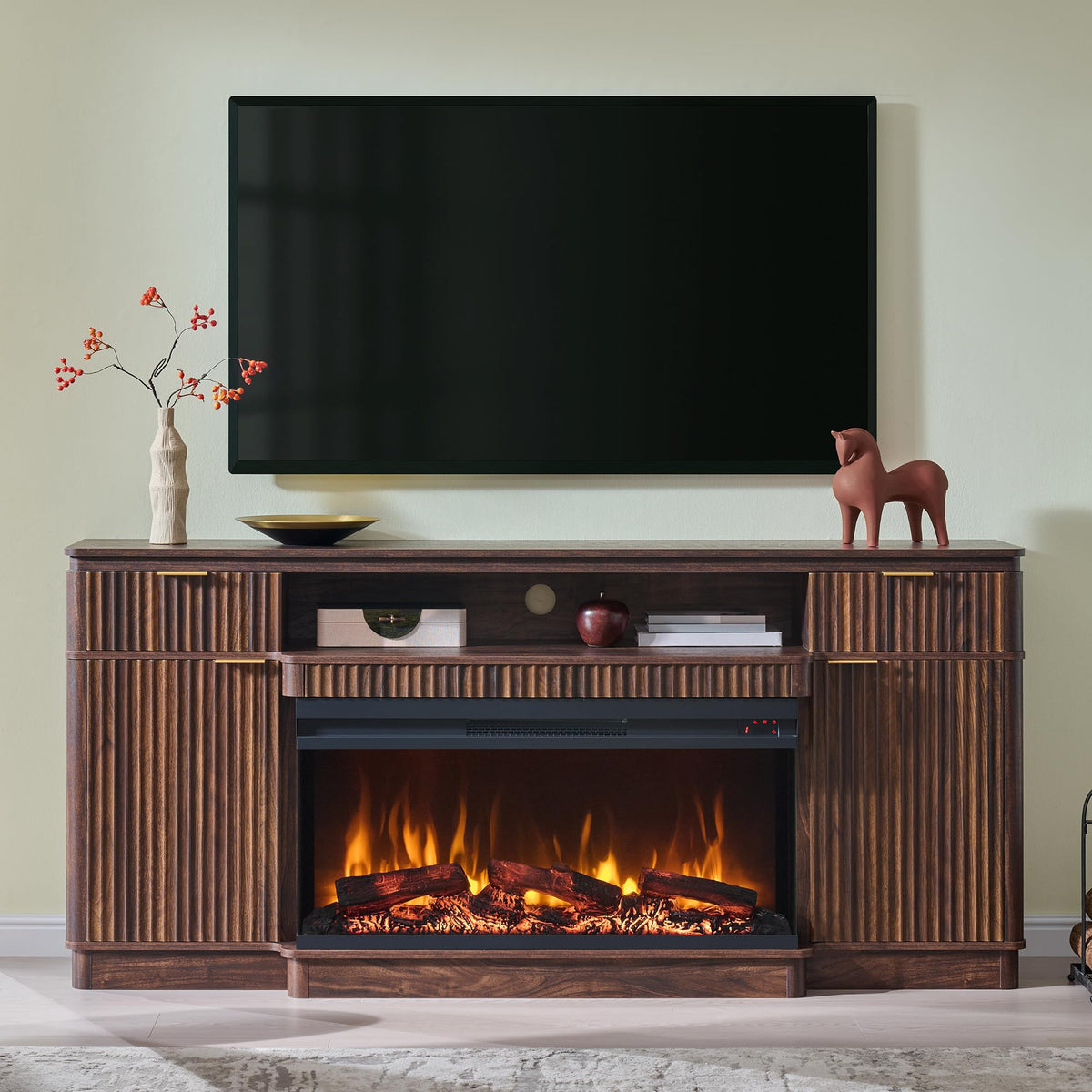 OKD 70'' Fireplace TV Stand with Storage, Fluted Media Console, Dark Walnut