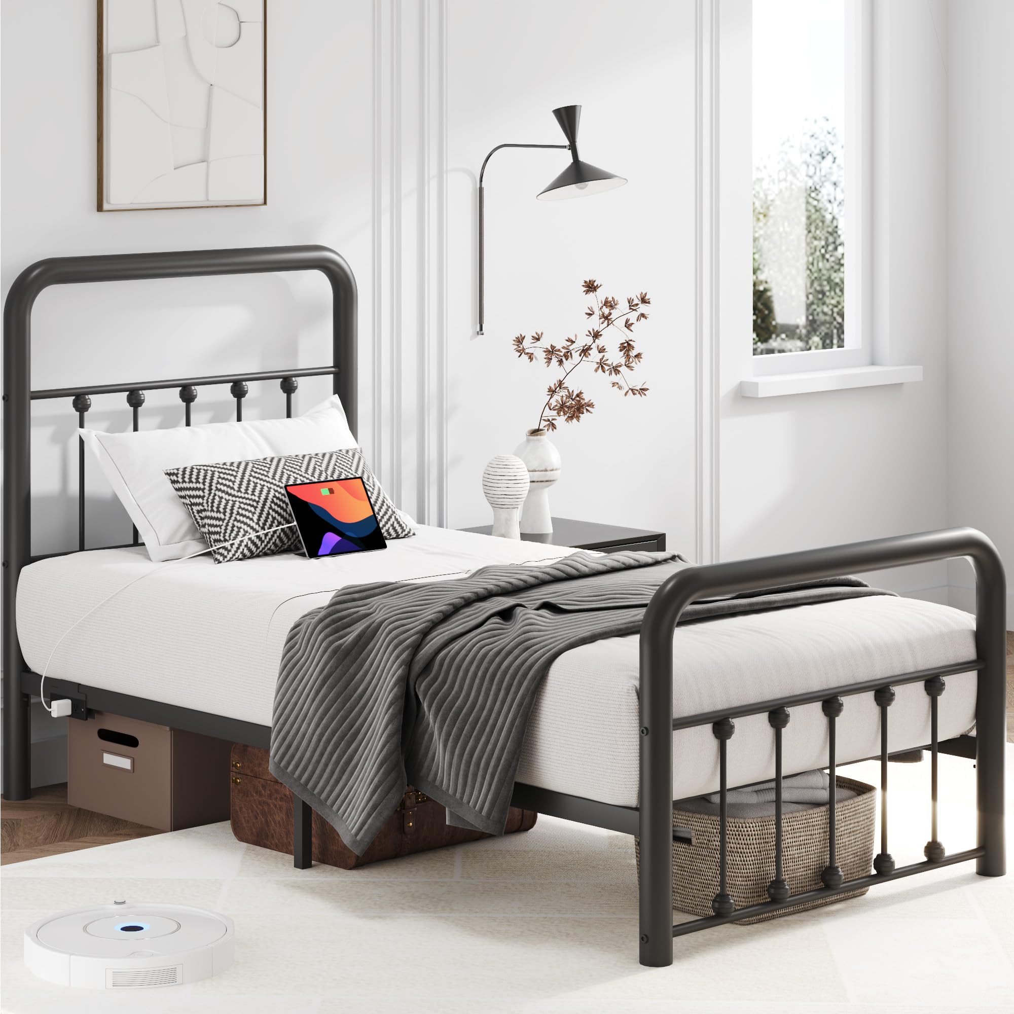 Metal Platform Bed Frame with LED & Charging Station