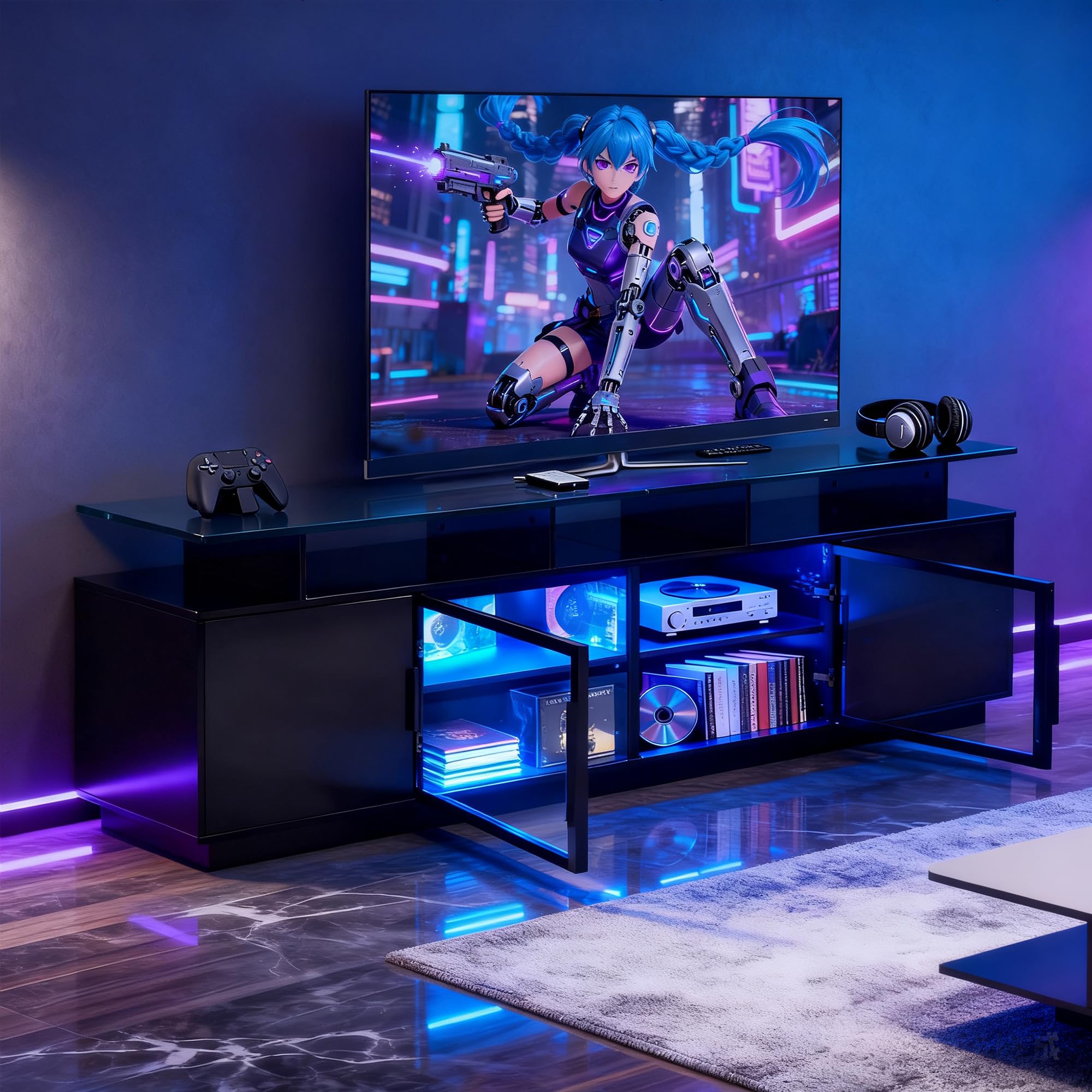 70" Black LED TV Stand with Glass Doors & Charging Station