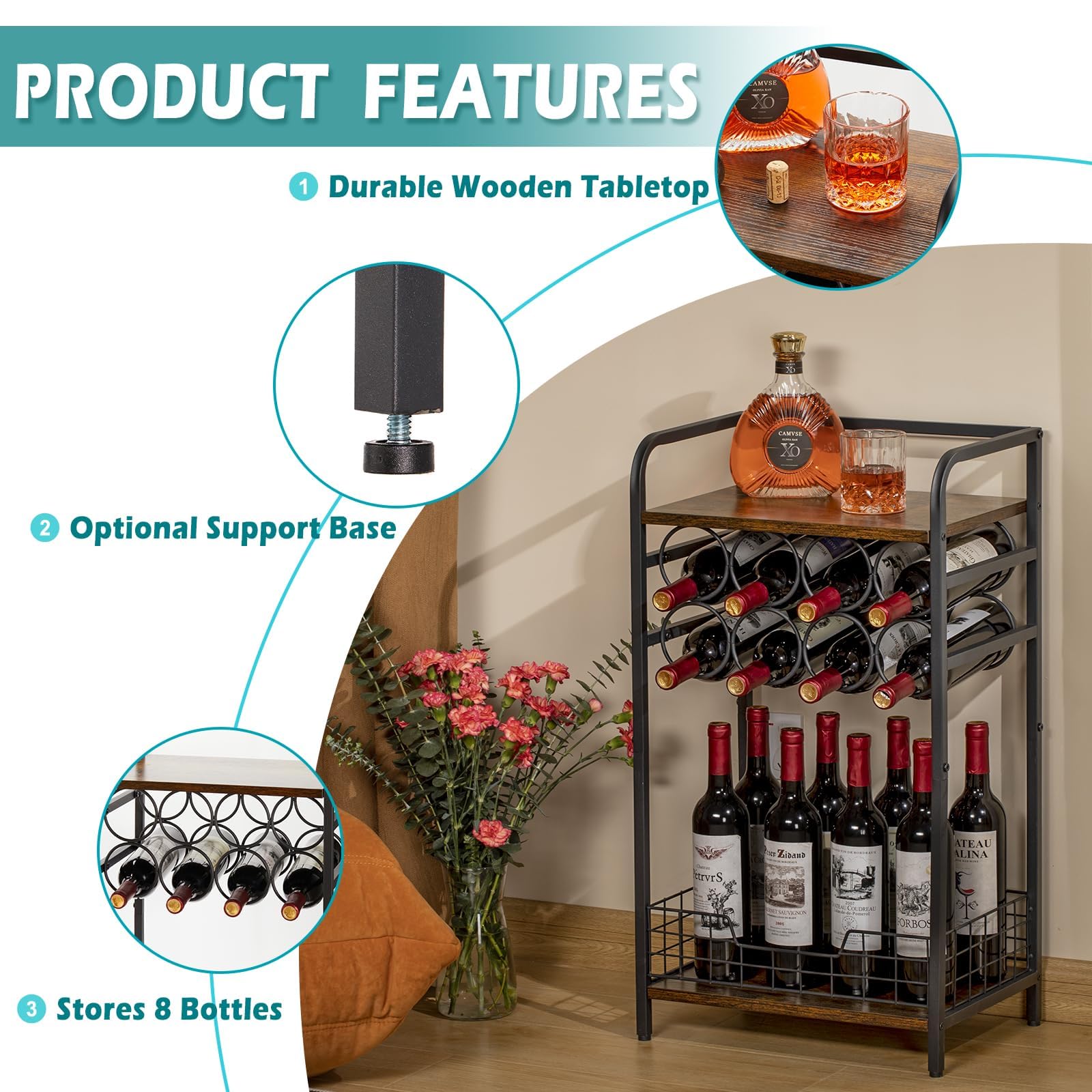 3-Tier Wine Rack Floor Cabinet