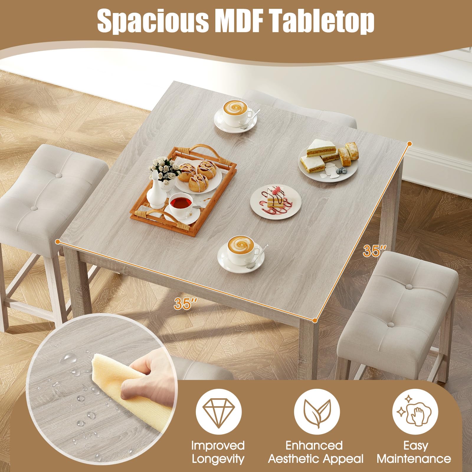 NAFORT 5 PCS Small Dining Table Set, Farmhouse Breakfast Nook Set with 4 Upholstered Saddle Stools, Space-Saving Wooden Bar Table Set for Living Room, Dining Room, Home Bar& Kitchen
