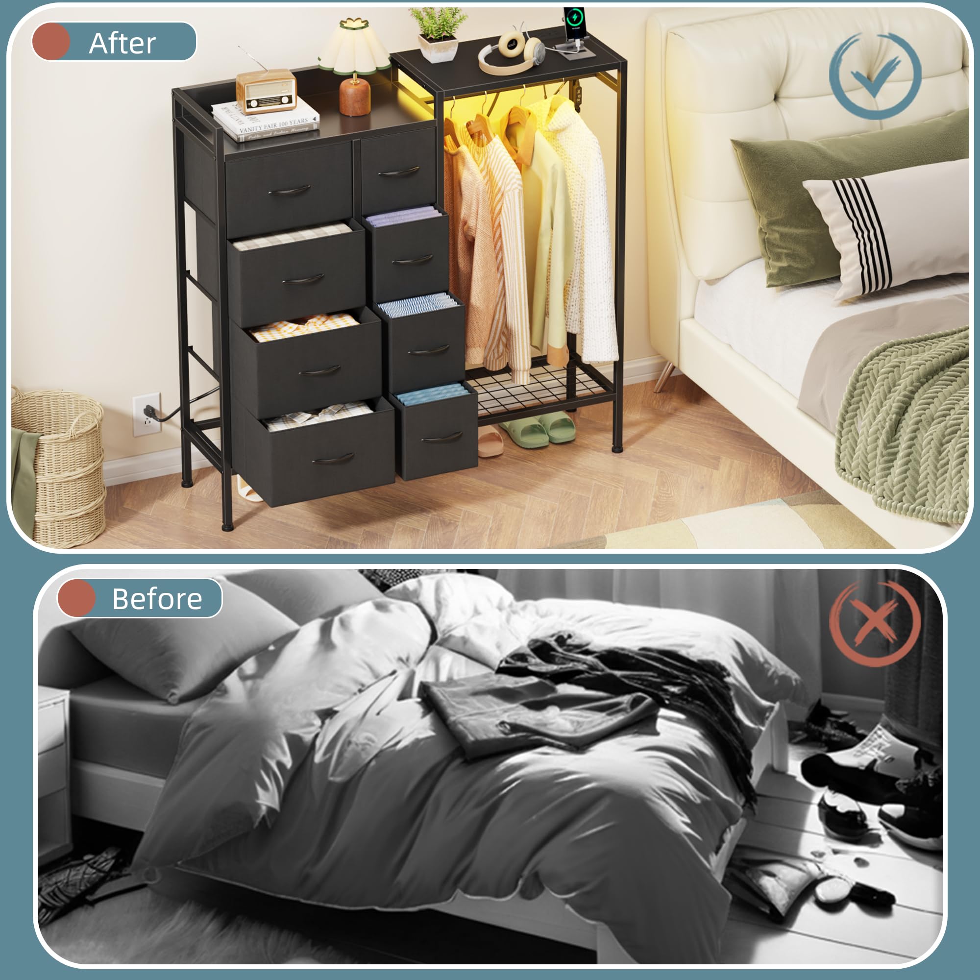 HIGDBFE Dresser with Hanging Rack, 8-Drawer Dresser for Bedroom with Charging Station & LED Lights, Fabric Dressers with Shoe Rack, Chest of Drawers with Wooden Top for Bedroom, Black, 11.8" D