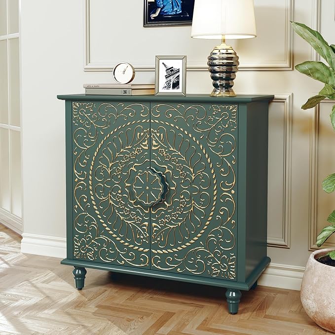 Accent Cabinet with Carved Flower Pattern Doors