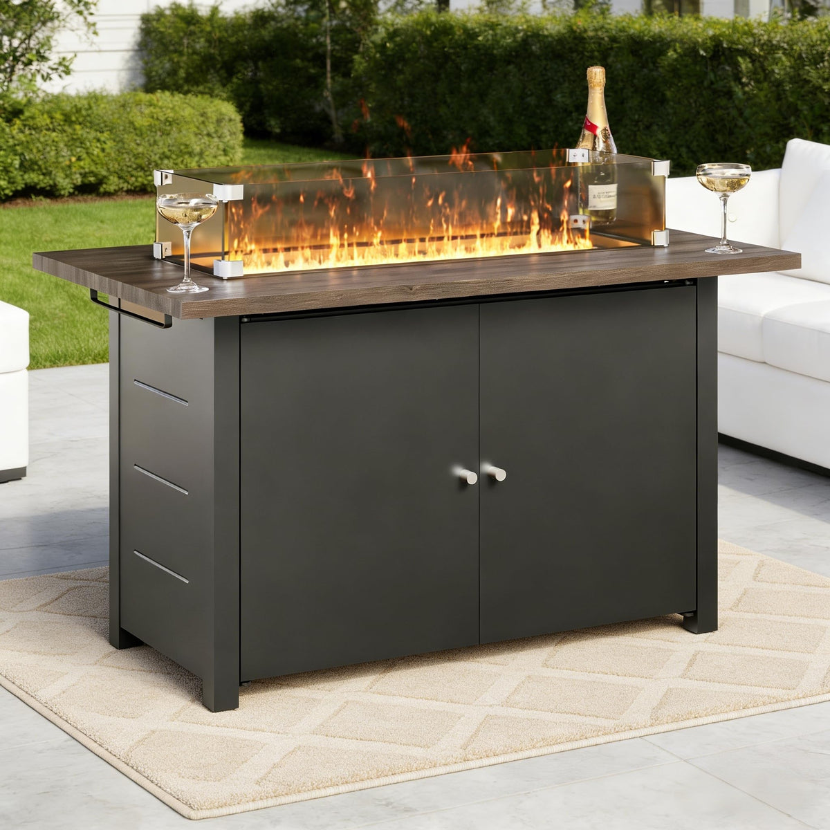 LAUSAINT HOME 43" Propane Fire Pit Table, 55000 BTU Gas Fire Pit with 2 Tiered Storage Space, Wood Grain Tabletop, Gray Glass Wind Guard for Outside Patio Lawn
