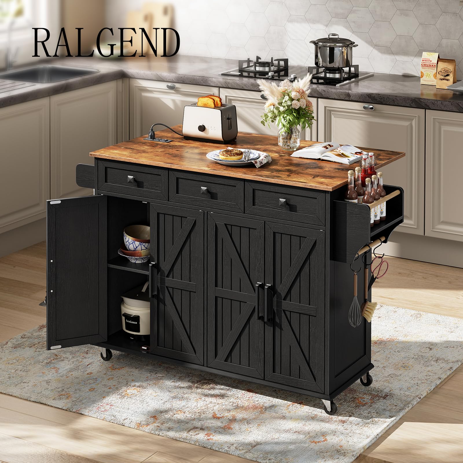 Kitchen Island Cart with Drop Leaf & Power Outlet