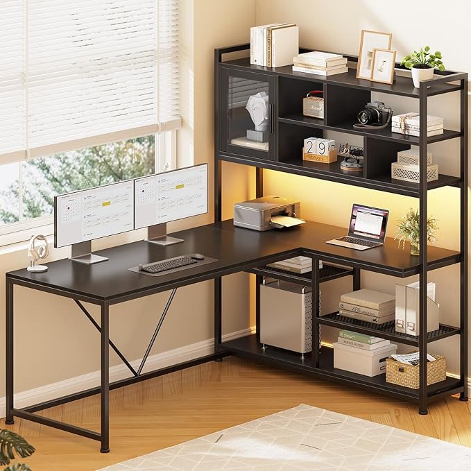 L-Shaped Desk with LED Light & Bookshelf