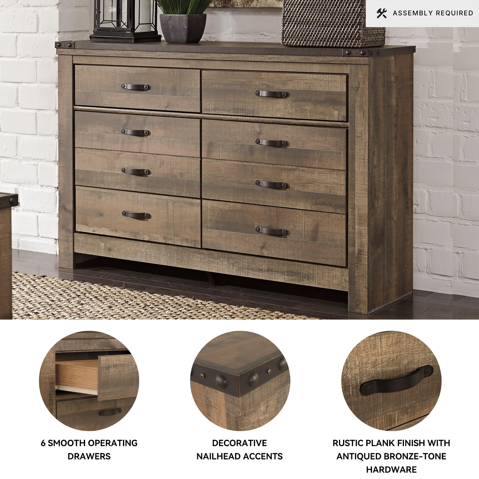 Signature Design by Ashley Trinell Rustic 6 Drawer Dresser with Safety Stop for Bedroom, Dark Brown