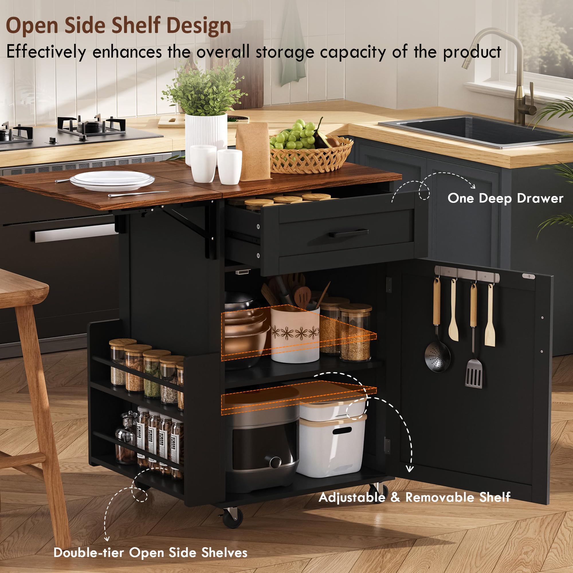 Seeheool K&K 39.3" Farmhouse Kitchen Island with Drop Leaf, Kitchen Storage Island with Open Side Rack, One Drawer, Towel Rack, Rolling Kitchen Cart with Lockable Wheels for Lawn Garden, Black